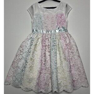Jona Michelle Girls Pastel Rainbow Floral Lace Easter Party Dress Size 5